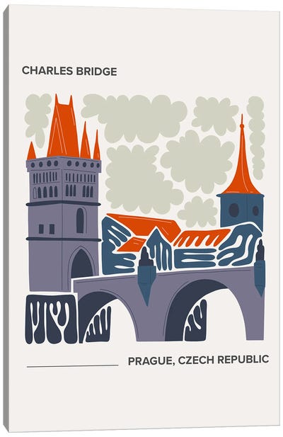 Charles Bridge - Prague, Czech Republic, Warm Colours Illustration Travel Poster Canvas Art Print - Prague Art