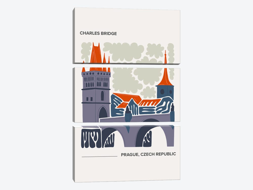 Charles Bridge - Prague, Czech Republic, Warm Colours Illustration Travel Poster by Mambo Art Studio 3-piece Canvas Print