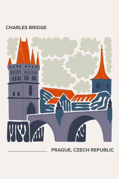 Mambo Art Studio: Charles Bridge - Prague, Czech Republic, Warm Colours Illustration Travel Poster by Mambo Art Studio