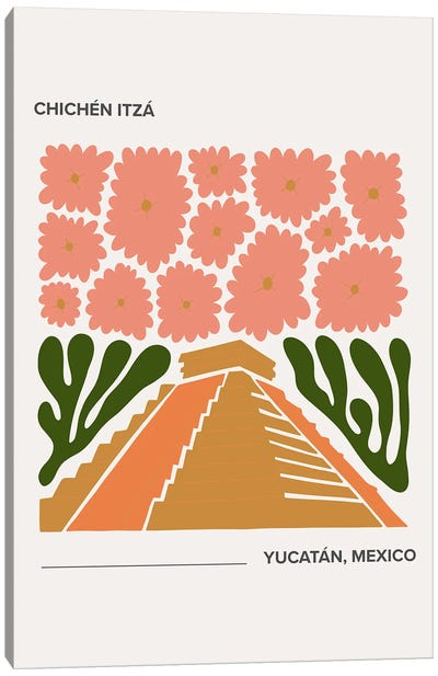 Chichen Itza - Yucatan, Mexico, Warm Colours Illustration Travel Poster Canvas Art Print - The Seven Wonders of the World