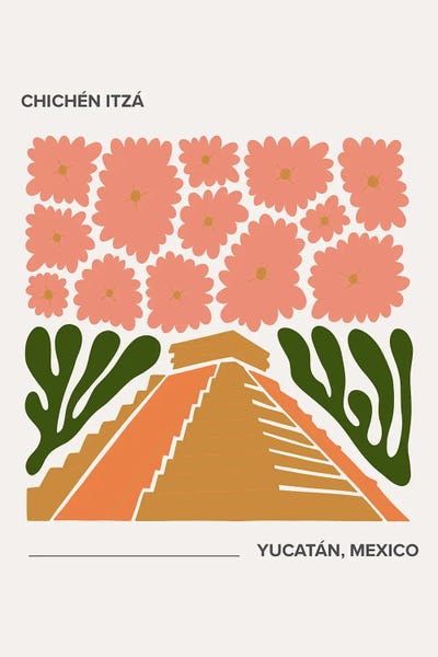 Mambo Art Studio: Chichen Itza - Yucatan, Mexico, Warm Colours Illustration Travel Poster by Mambo Art Studio