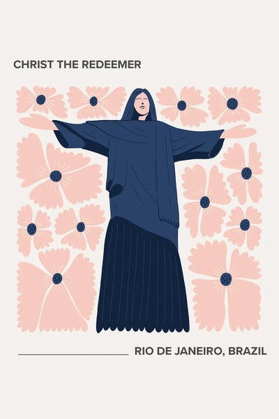 Christ The Redeemer: Christ The Redeemer - Rio De Janeiro, Brazil, Warm Colours Illustration Travel Poster by Mambo Art Studio