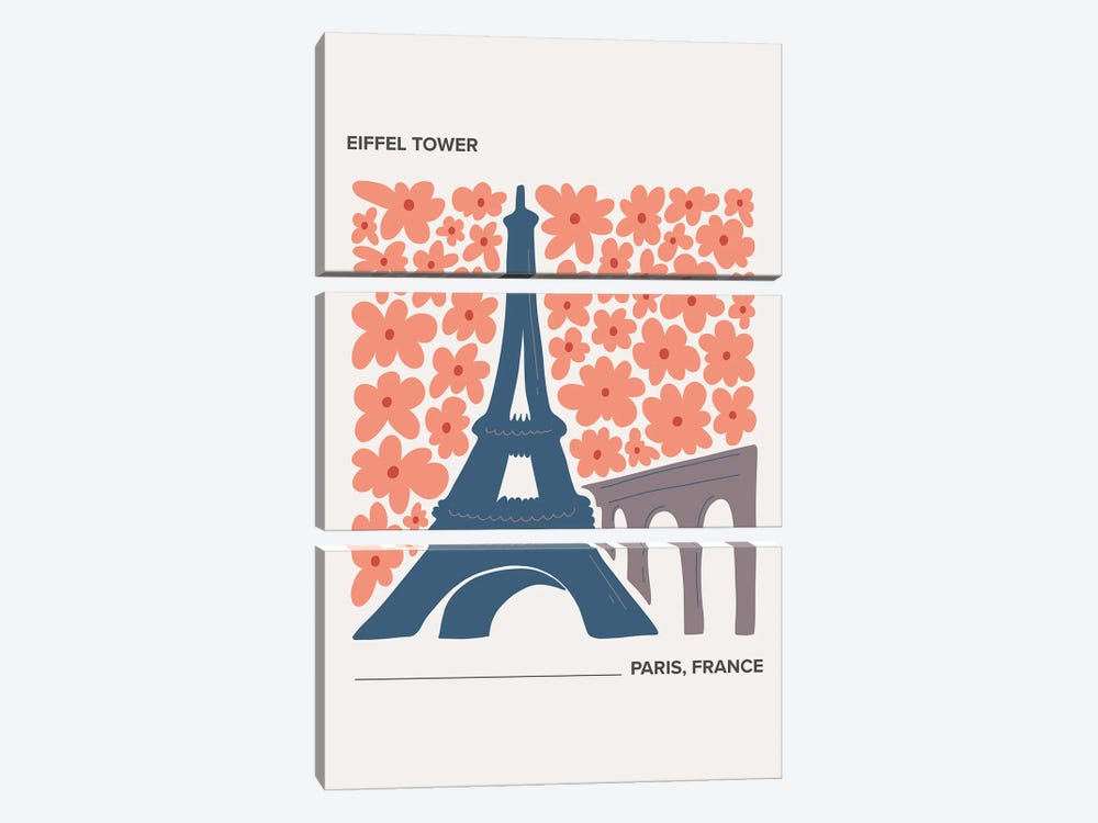 Eiffel Tower - Paris, France, Warm Colours Illustration Travel Poster by Mambo Art Studio 3-piece Canvas Art Print