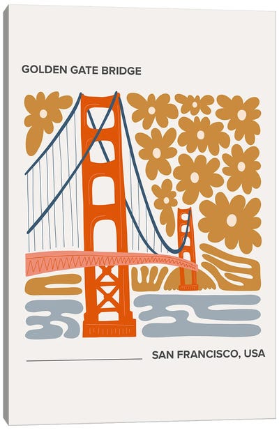Golden Gate Bridge - San Francisco, California, Warm Colours Illustration Travel Poster Canvas Art Print - Golden Gate Bridge