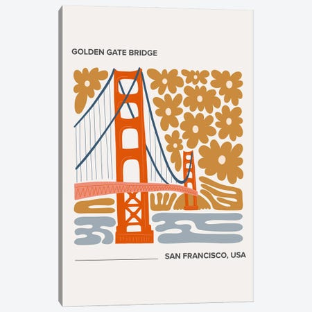 Golden Gate Bridge - San Francisco, California, Warm Colours Illustration Travel Poster Canvas Print #MSD399} by Mambo Art Studio Canvas Artwork