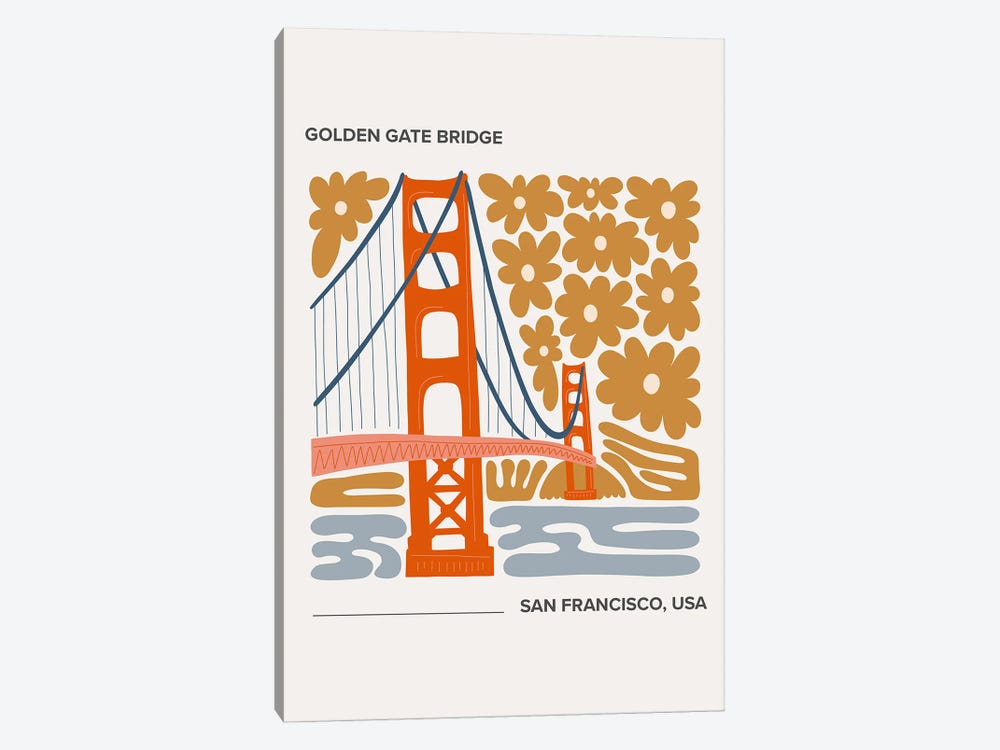 Golden Gate Bridge - San Francisco, California, Warm Colours Illustration Travel Poster by Mambo Art Studio 1-piece Canvas Wall Art