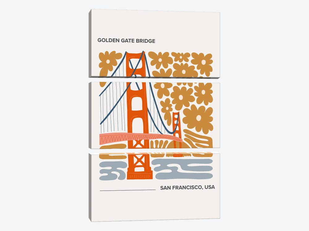 Golden Gate Bridge - San Francisco, California, Warm Colours Illustration Travel Poster by Mambo Art Studio 3-piece Canvas Art