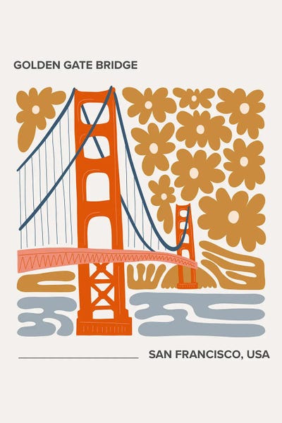 Mambo Art Studio: Golden Gate Bridge - San Francisco, California, Warm Colours Illustration Travel Poster by Mambo Art Studio