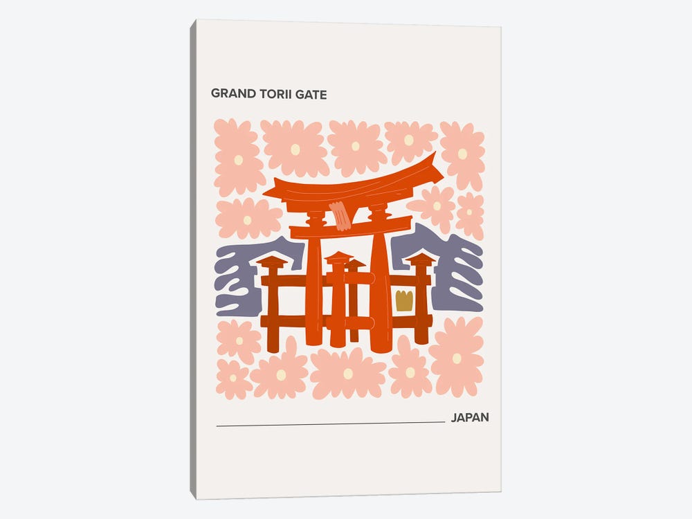 Grand Torii Gate - Japan, Warm Colours Illustration Travel Poster by Mambo Art Studio 1-piece Canvas Artwork