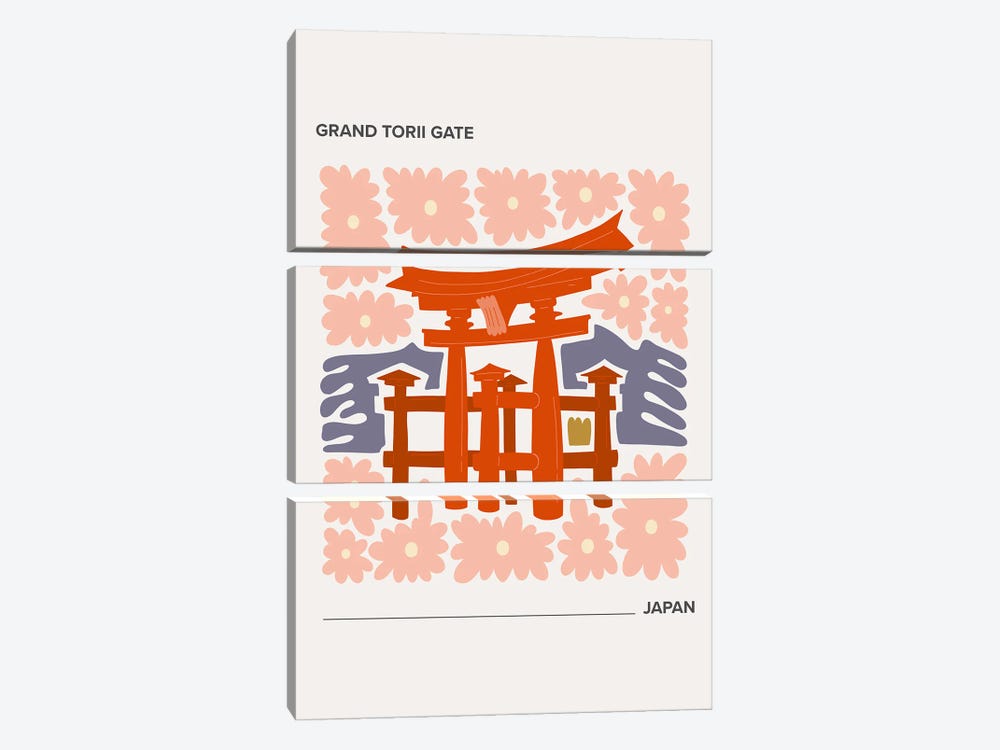 Grand Torii Gate - Japan, Warm Colours Illustration Travel Poster by Mambo Art Studio 3-piece Canvas Art
