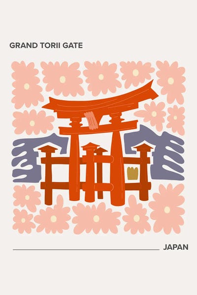 Mambo Art Studio: Grand Torii Gate - Japan, Warm Colours Illustration Travel Poster by Mambo Art Studio
