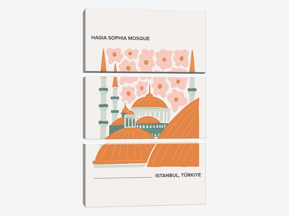 Hagia Sophia Mosque - Istanbul, Turkey, Warm Colours Illustration Travel Poster by Mambo Art Studio 3-piece Canvas Art Print