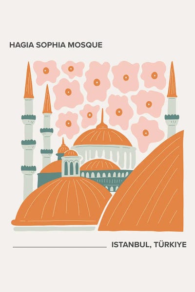 Mambo Art Studio: Hagia Sophia Mosque - Istanbul, Turkey, Warm Colours Illustration Travel Poster by Mambo Art Studio