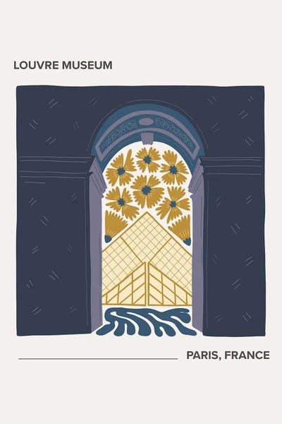 Mambo Art Studio: Louvre Museum - Paris, France, Warm Colours Illustration Travel Poster by Mambo Art Studio