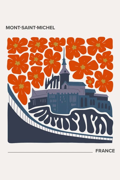 Normandy: Mont Saint Michel, France, Warm Colours Illustration Travel Poster by Mambo Art Studio