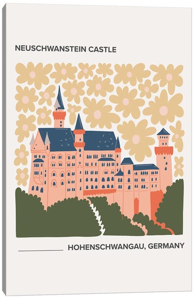 Neuschwanstein Castle, Germany, Warm Colours Illustration Travel Poster Canvas Art Print - Neuschwanstein Castle