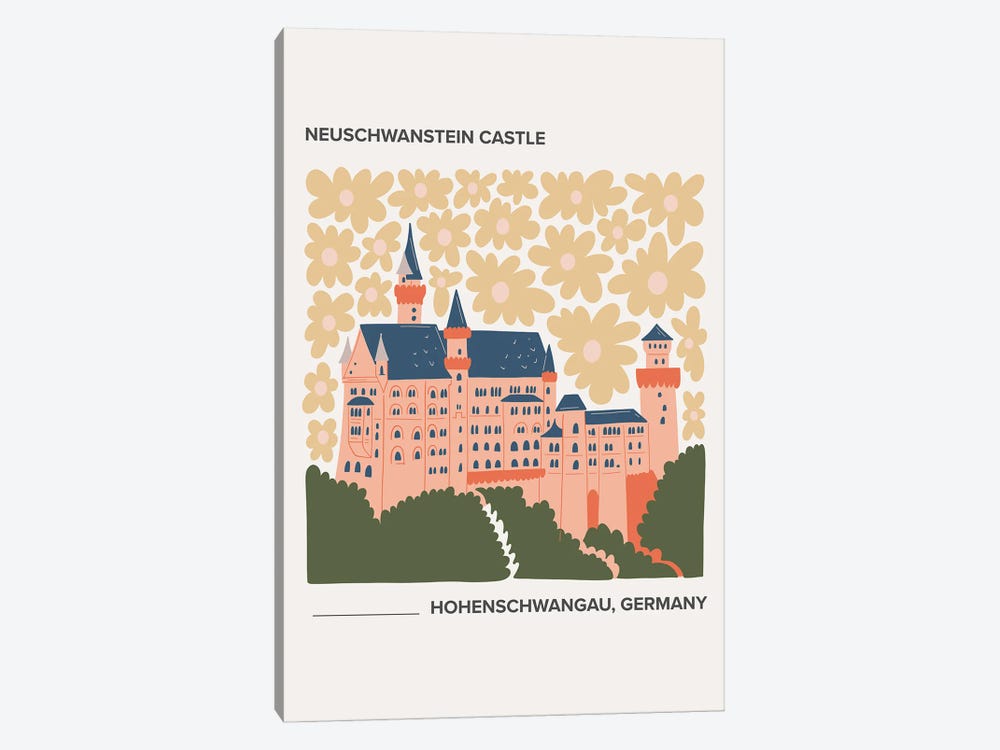 Neuschwanstein Castle, Germany, Warm Colours Illustration Travel Poster by Mambo Art Studio 1-piece Canvas Print