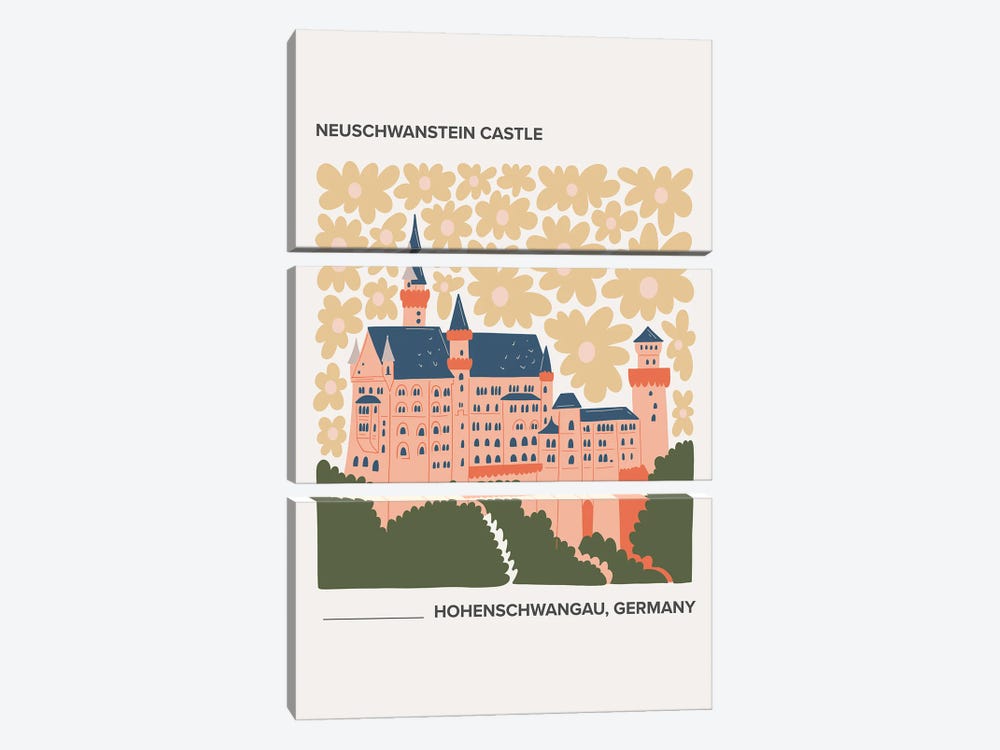 Neuschwanstein Castle, Germany, Warm Colours Illustration Travel Poster by Mambo Art Studio 3-piece Canvas Art Print