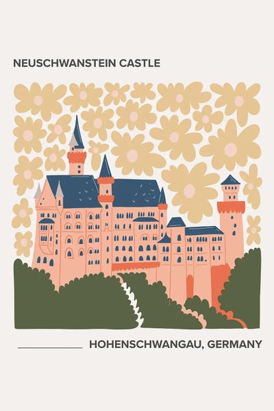 Mambo Art Studio: Neuschwanstein Castle, Germany, Warm Colours Illustration Travel Poster by Mambo Art Studio