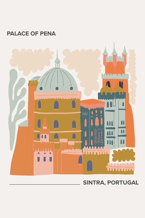 Palace Of Pena - Sintra, Portugal, Warm Colours Illustration Travel Poster by Mambo Art Studio wall art