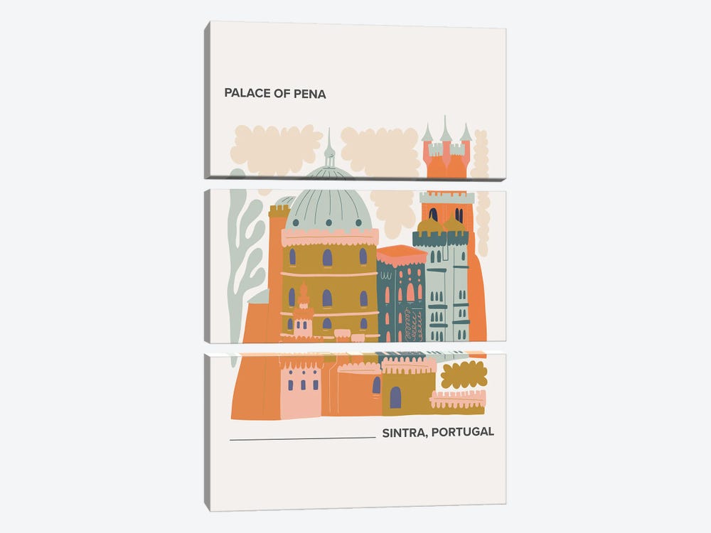 Palace Of Pena - Sintra, Portugal, Warm Colours Illustration Travel Poster by Mambo Art Studio 3-piece Canvas Wall Art