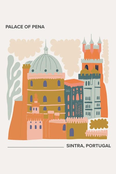 Mambo Art Studio: Palace Of Pena - Sintra, Portugal, Warm Colours Illustration Travel Poster by Mambo Art Studio