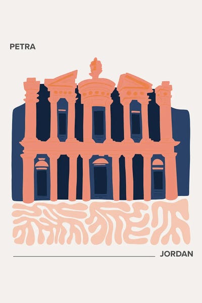 Mambo Art Studio: Petra - Jordan, Warm Colours Illustration Travel Poster by Mambo Art Studio