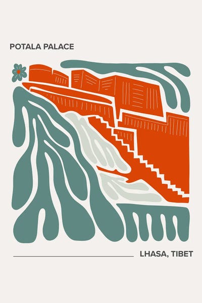 Famous Palaces & Residences: Potala Palace - Lhasa, Tibet, Warm Colours Illustration Travel Poster by Mambo Art Studio