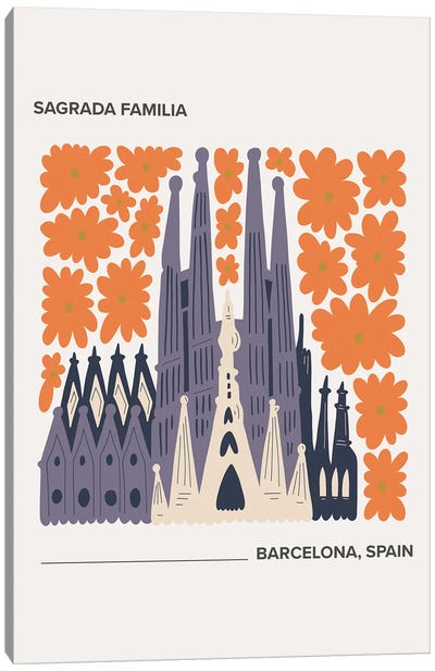 Sagrada Familia, Barcelona, Spain, Warm Colours Illustration Travel Poster Canvas Art Print - Spain Art