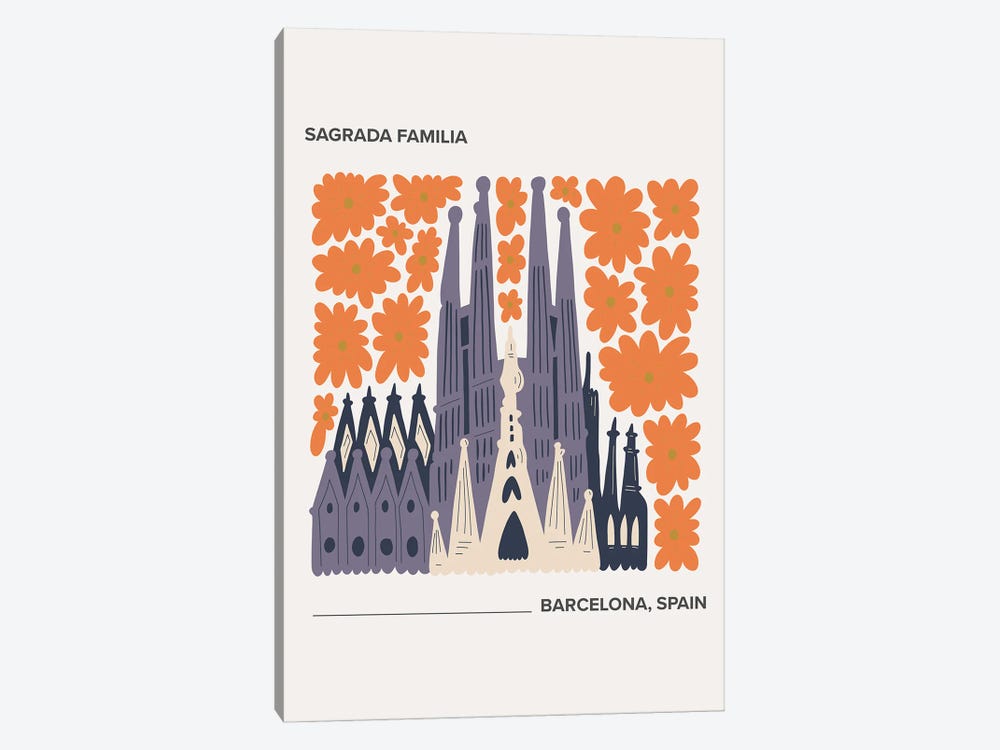 Sagrada Familia, Barcelona, Spain, Warm Colours Illustration Travel Poster by Mambo Art Studio 1-piece Canvas Print