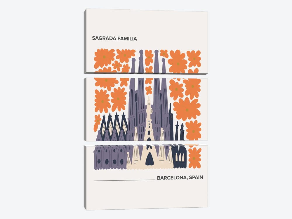 Sagrada Familia, Barcelona, Spain, Warm Colours Illustration Travel Poster by Mambo Art Studio 3-piece Canvas Print