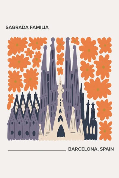 Catalonia: Sagrada Familia, Barcelona, Spain, Warm Colours Illustration Travel Poster by Mambo Art Studio