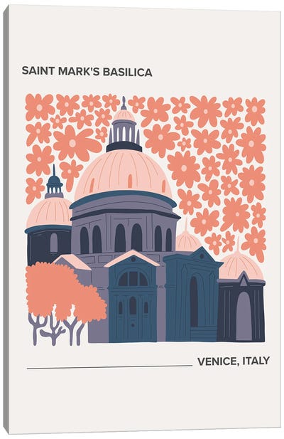 Saint Mark's Basilica - Venice, Italy, Warm Colours Illustration Travel Poster Canvas Art Print - Mambo Art Studio