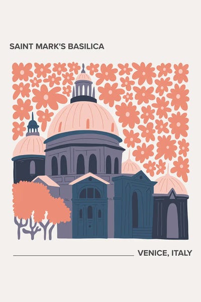 Mambo Art Studio: Saint Mark's Basilica - Venice, Italy, Warm Colours Illustration Travel Poster by Mambo Art Studio