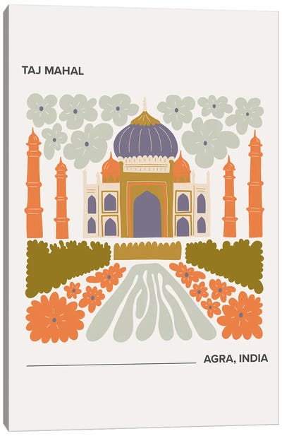 Taj Mahal - Agra, India, Warm Colours Illustration Travel Poster Canvas Art Print - Mambo Art Studio