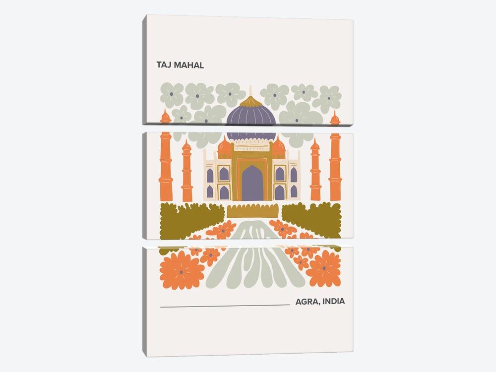 Taj Mahal - Agra, India, Warm Colours Illustration Travel Poster by Mambo Art Studio 3-piece Canvas Art Print
