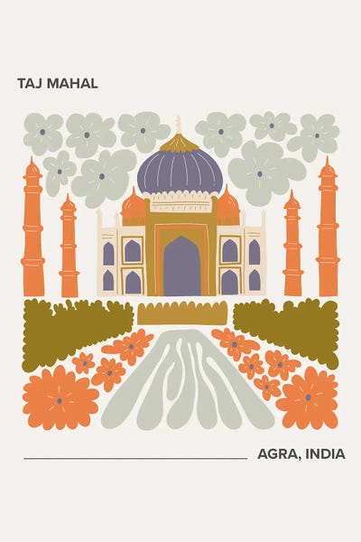Mambo Art Studio: Taj Mahal - Agra, India, Warm Colours Illustration Travel Poster by Mambo Art Studio