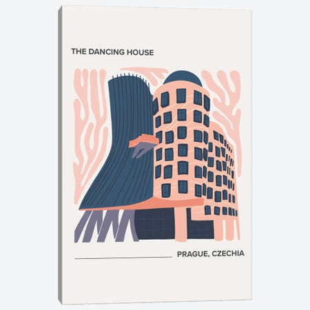 The Dancing House - Prague, Czechia, Warm Colours Illustration Travel Poster Canvas Print #MSD416} by Mambo Art Studio Canvas Wall Art