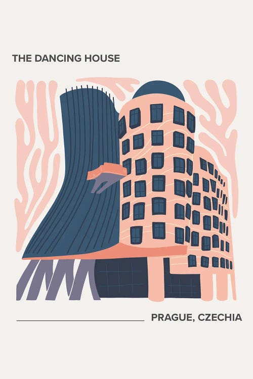 The Dancing House - Prague, Czechia, Warm Colours Illustration Travel Poster