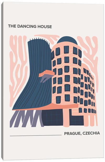 The Dancing House - Prague, Czechia, Warm Colours Illustration Travel Poster Canvas Art Print - Prague Art