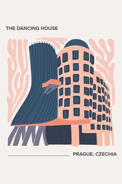 Mambo Art Studio: The Dancing House - Prague, Czechia, Warm Colours Illustration Travel Poster by Mambo Art Studio