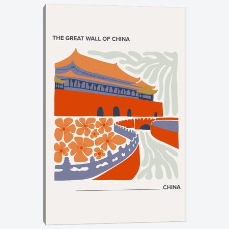 The Great Wall Of China - China, Warm Colours Illustration Travel Poster Canvas Print #MSD417} by Mambo Art Studio Canvas Wall Art