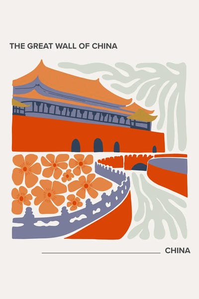 China: The Great Wall Of China - China, Warm Colours Illustration Travel Poster by Mambo Art Studio