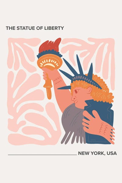 Mambo Art Studio: The Statue Of Liberty - New York, Usa, Warm Colours Illustration Travel Poster by Mambo Art Studio