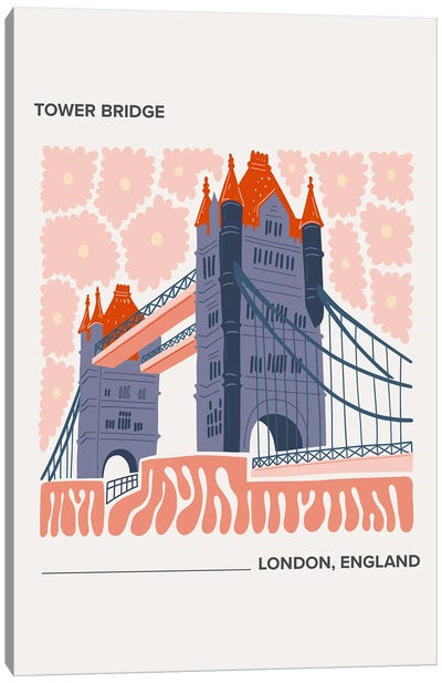 Tower Bridge - London, England, Warm Colours Illustration Travel Poster Canvas Art Print - Tower Bridge