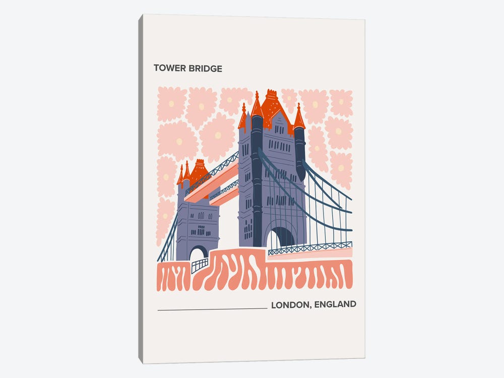 Tower Bridge - London, England, Warm Colours Illustration Travel Poster by Mambo Art Studio 1-piece Canvas Artwork