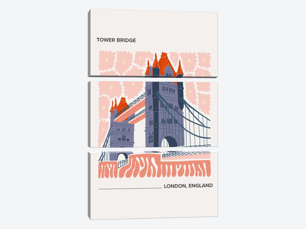 Tower Bridge - London, England, Warm Colours Illustration Travel Poster by Mambo Art Studio 3-piece Canvas Wall Art