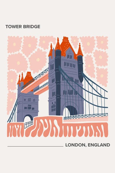 Mambo Art Studio: Tower Bridge - London, England, Warm Colours Illustration Travel Poster by Mambo Art Studio