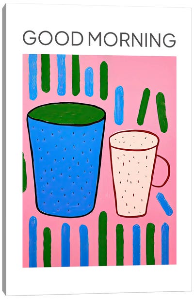 Colourful Tea Coffee Cups Good Morning Canvas Art Print - Mambo Art Studio