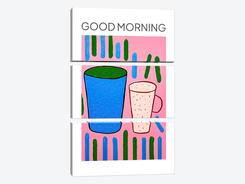 Colourful Tea Coffee Cups Good Morning by Mambo Art Studio 3-piece Art Print